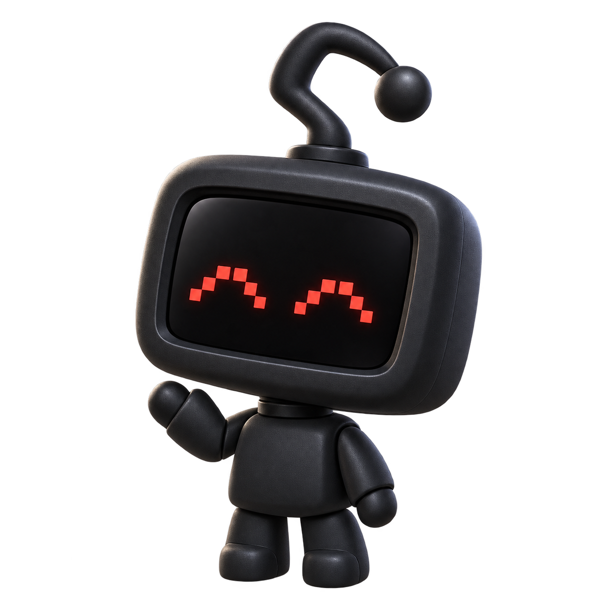 Koodos full-body robot with a curved antenna and cheerful red pixel eyes